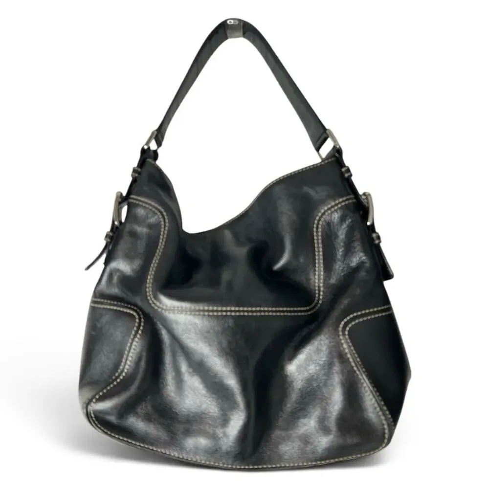 Michael Kors Brookville Large Black Leather Hobo Shoulder Bag w/Silver MK Charm